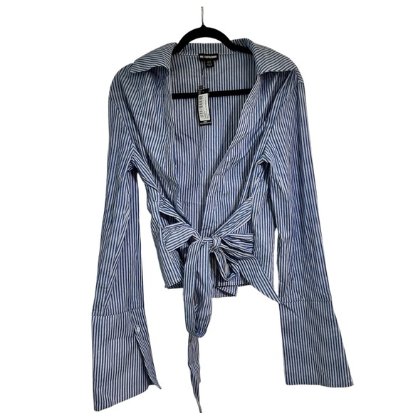 Pretty Little Thing Blue Striped Cinched Tie Waist Shirt - Picture 3 of 13